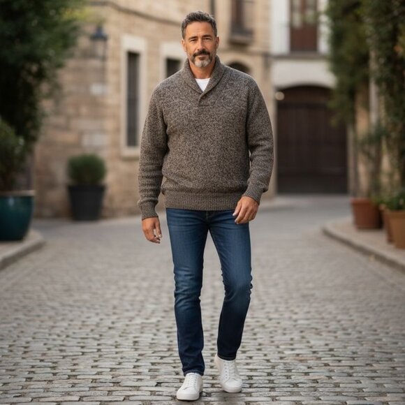 Eddie Bauer Mens L Wool Blend Sweater Shawl Collar Heather Brownish Gray - Picture 1 of 11